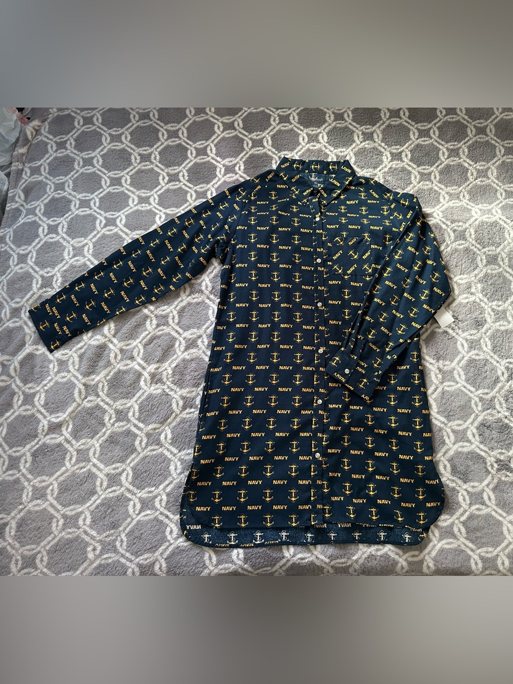 Navy Anchor Print Button-Up Sleepwear Pajama - Navy & Yellow Women’s Size XL